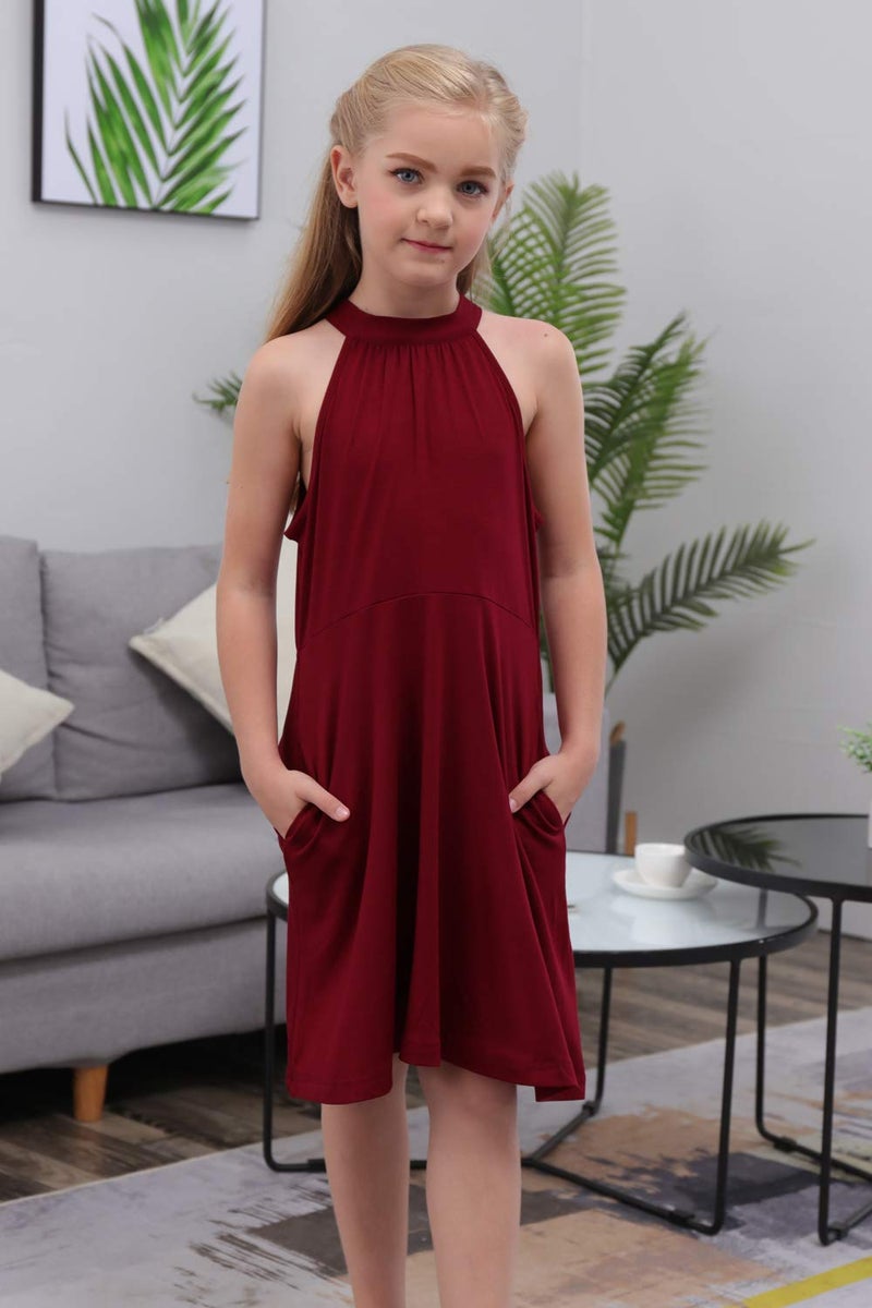GORLYA Girl's Halter Neck Cold Shoulder Sleeveless Summer Casual Sundress A-line Dress with Pockets for 4-12 Years(GOR1013,10Y,WineRed) - Image 4